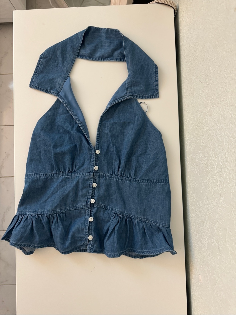 Hollister Blue Denim Halter Peplum Button-Front Top